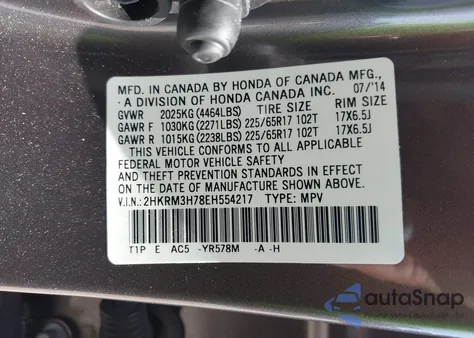 2014 Honda Cr-V Exl z USA, uszkodzony, nr VIN 2HKRM3H78EH554217